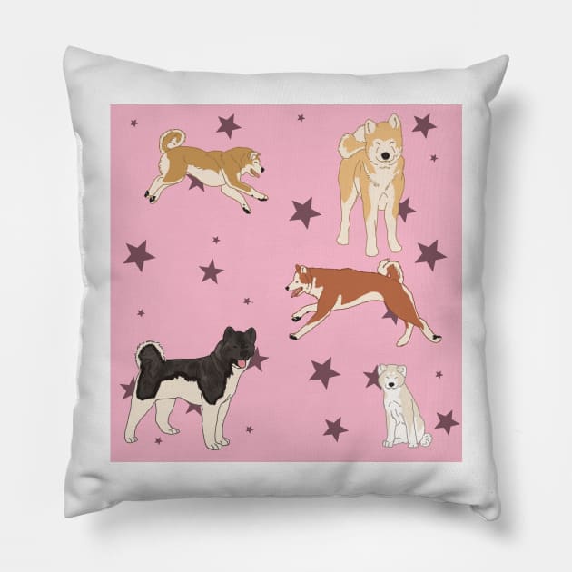 Pink Akitas and Stars Pillow by TrapperWeasel