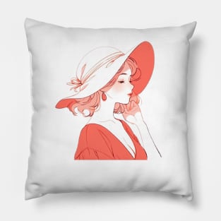 Minimalist line art pretty girl in red Pillow