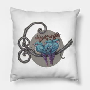 Three Antlered BlueBirds of Happiness Pillow