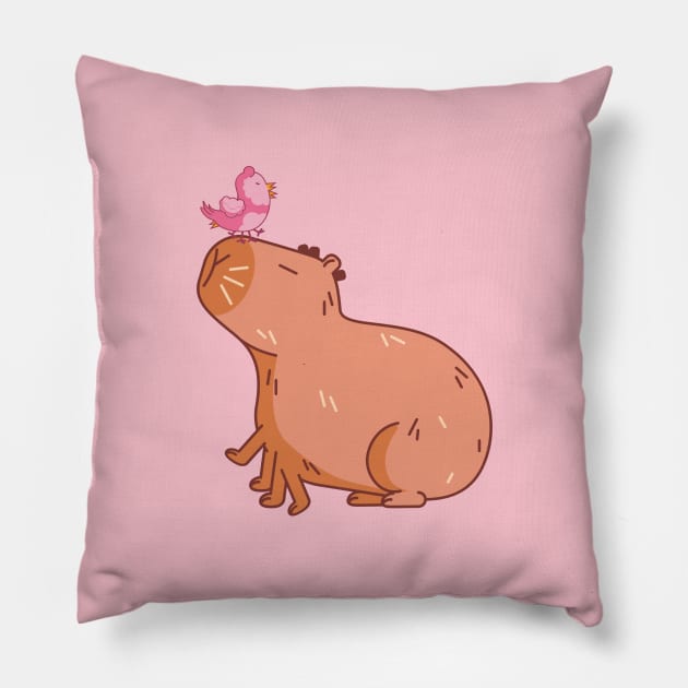 Capybara with a pink bird, a parody of AI art Pillow by AnnArtshock