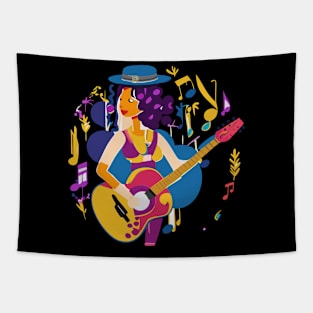 a music-inspired t-shirt design for a fictional band or artist.  a combination of musical elements, typography, and vibrant colors to convey the music’s energy Tapestry