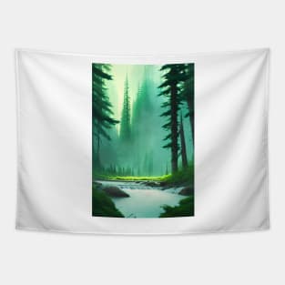 Greenish Nature Forest River Flowing Landscape Tapestry