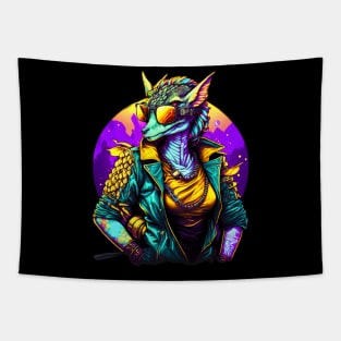 Retro Dragon Art| Cute Female Dragon in Jacket wearing Sun glasses Tapestry