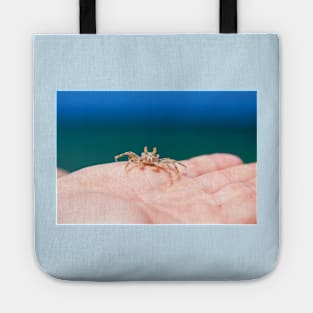 Little crab on human hand against blue sky and green ocean Tote