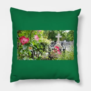 Paris Montmartre Cemetery Cross with Pink Flowers Pillow