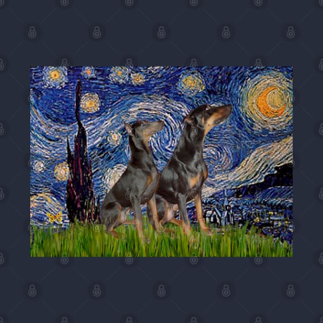 Starry Night Adaptation with Two Black and Tan Doberman Pinschers by Dogs Galore and More