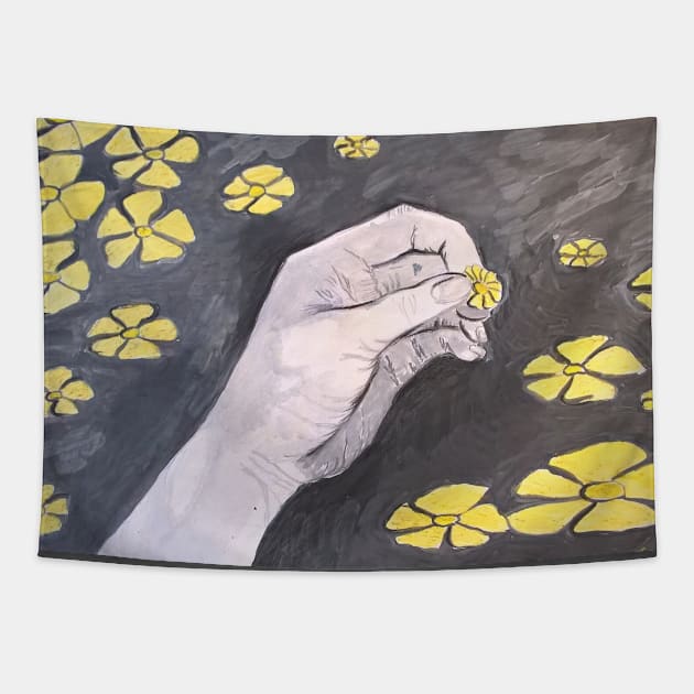 Hand holds yellow flowers. Original painting. Tapestry by Maltez