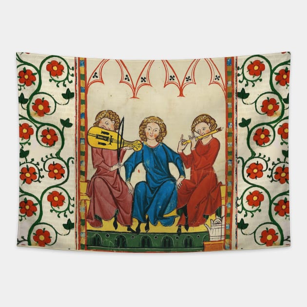 MEDIEVAL MUSIC AND MUSICIANS ,ANTIQUE MINIATURE WITH WILD ROSES Tapestry by BulganLumini