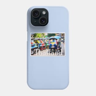 'Thailand' text over an illustration of colorful Thai Tuk-Tuks. Phone Case