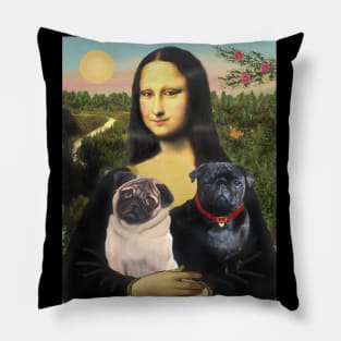 Mona Lisa and her Two Pugs Pillow