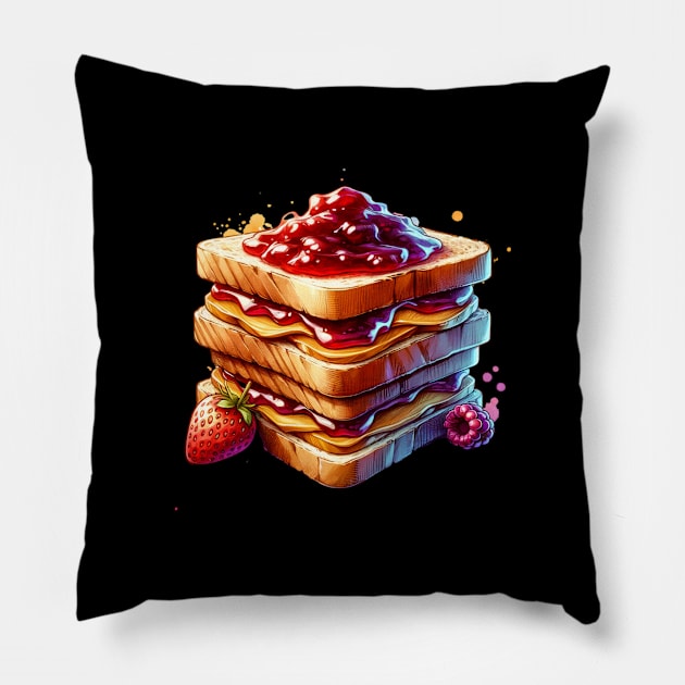 Peanut Butter And Jelly Toast Sandwich Vintage Established Breakfast Yummy Kawaii Pillow by Flowering Away