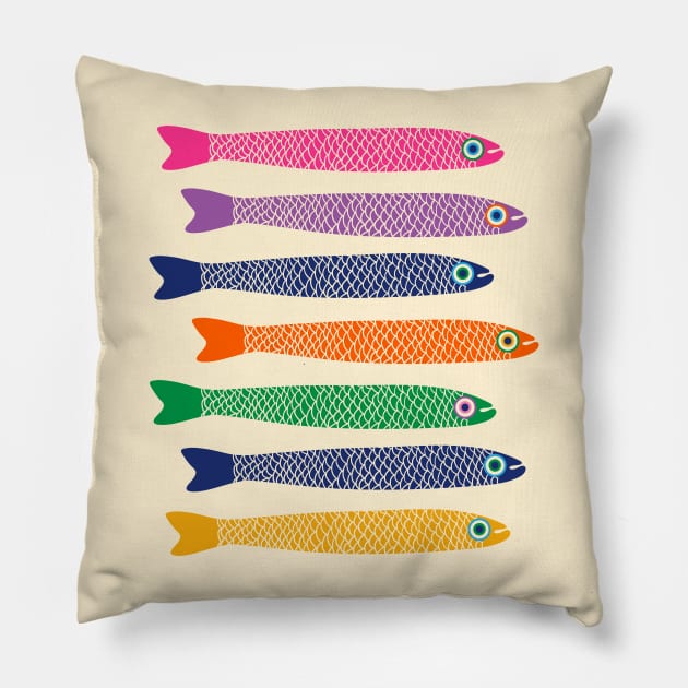 ANCHOVIES Bright Graphic Fun Groovy Fish in Rainbow Colors on Cream - Horizontal Layout - UnBlink Studio by Jackie Tahara Pillow by UnBlink Studio by Jackie Tahara