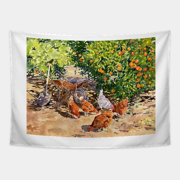 Hens In My orange Grove Tapestry by margaretmerry