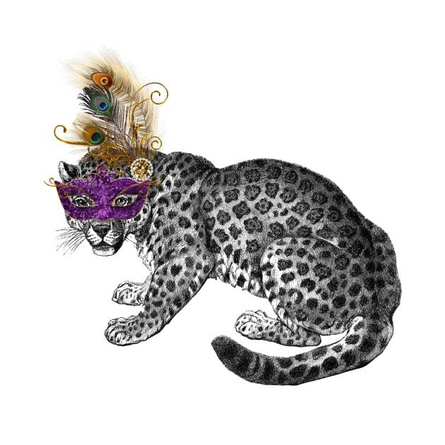 Mardi Gras Vintage Snow Leopard with Mask and Feather by SeaChangeDesign