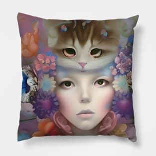 Wonderful pastel colored design of flowers a pretty girl and cat Pillow