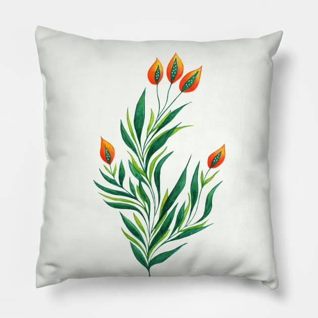 Spring Green Plant With Orange Buds Pillow by Boriana Giormova