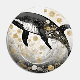 Whale in a Sea of Flowers - Black and White Illustration Pin