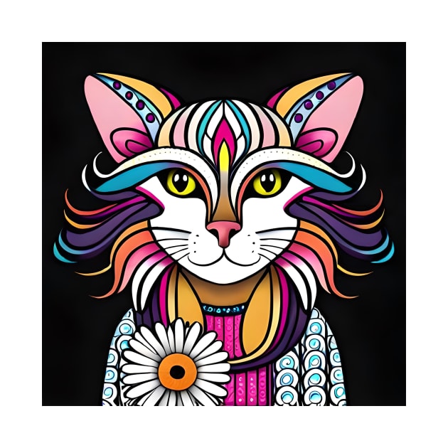 Colorful feline cat by Flower Tee