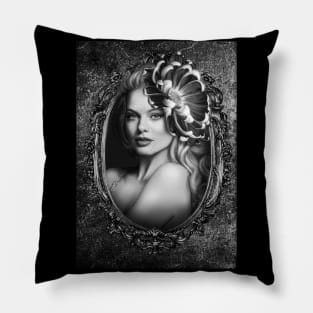 Black and white beautiful girl portrait gray flower dark lips digital artwork Pillow