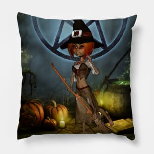 Cute little witch with pumpkin in the night Pillow