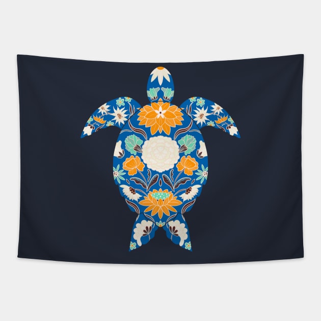 Blue and orange floral sea turtle Tapestry by Home Cyn Home 