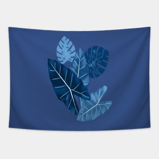 Classic Blue Tropical Leaves Tapestry