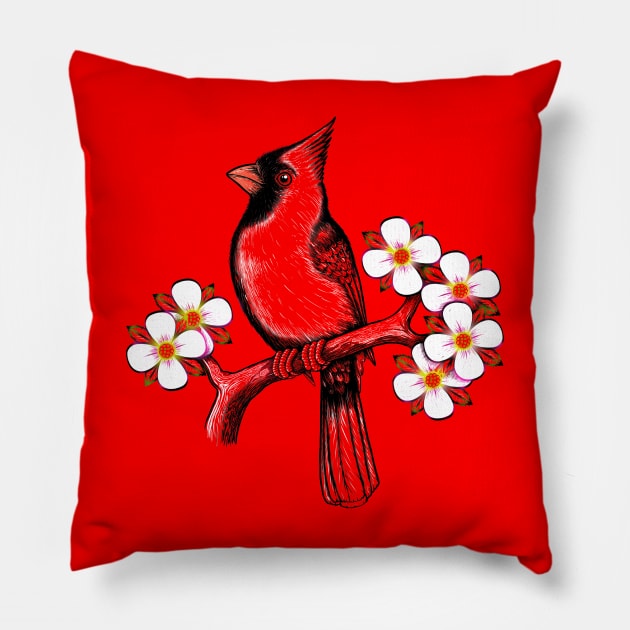 Red Cardinal dogwood flower North Carolina Virginia Pillow by Artardishop