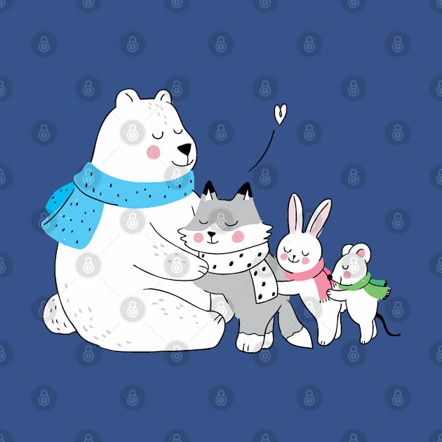 Winter polar bear hugging littles animals by Mako Design 