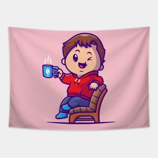 Cute Boy Drink Hot Coffee On Chair Cartoon Tapestry