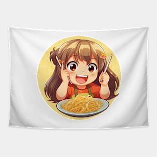 Cute Girl Eating Spaghetti Tapestry