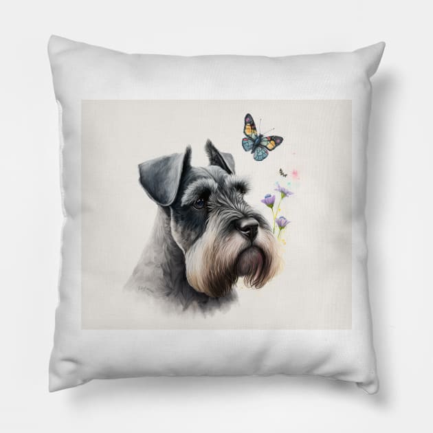 Miniature Schnauzer with butterfly Watercolour Painting Pillow by TheArtfulAI