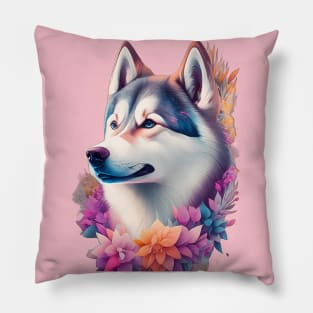 HUSKY DOG ROUNDED BY FLOWERS Pillow