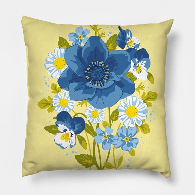 Bouquet (Anemone, pansies, chamomile and forget-me-not) Pillow by lents