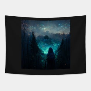 Black hooded witch in a forest with magical blue stars in the sky Tapestry