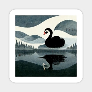 Graceful black swan swimming with reflection in the water. Magnet