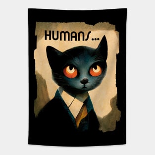 Pensive Cat Hates Humans | Humoristic Art For Cat Lovers Tapestry