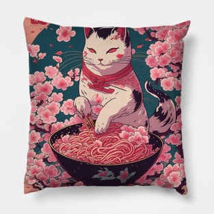 Japanese Cat in a Peach Blossom Garden Pillow