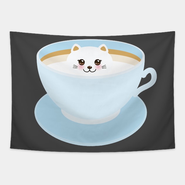 Cute Kawaii cat in blue cup of froth art coffee Tapestry by EkaterinaP