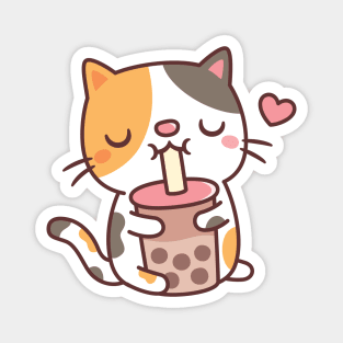 Cute Calico Cat Loves Drinking Boba Tea Magnet