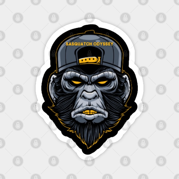 Bigfoot wearing a Sasquatch Odyssey trucker hat Magnet by Paranormal World Productions Studio