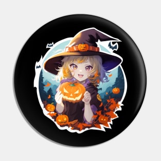 Halloween Enchantment: Young Witch with a Magical Pumpkin Pin