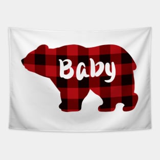 Baby Bear illustration , rustic up-north design, Red and Black buffalo plaid pattern Tapestry