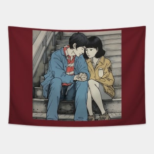 Brunet couple sitting on the bench and holding hands Tapestry