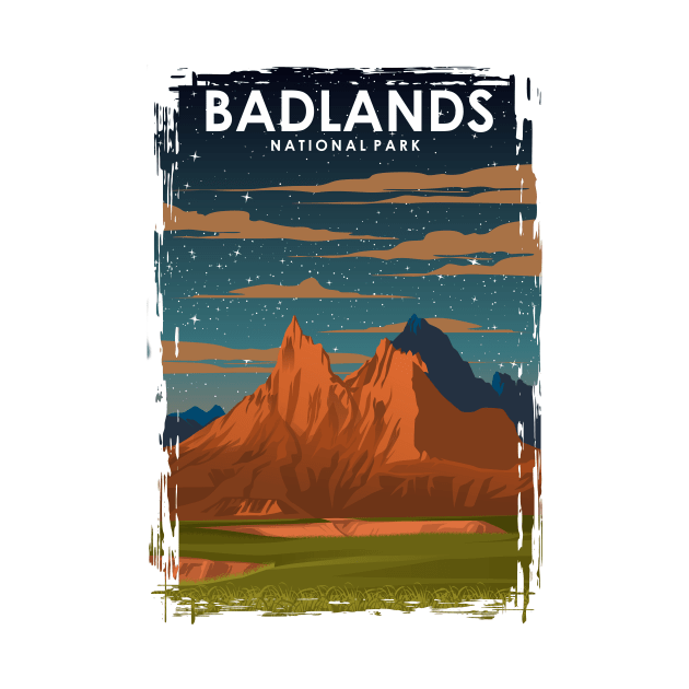 Badlands National park Vintage Minimal Retro Travel Poster at Night by jornvanhezik