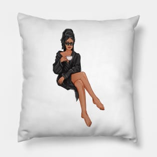 Brunette Girl with Coffee in Black Robe Pillow