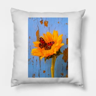 Butterfly Resting On Sunflower With Blue Wall Pillow