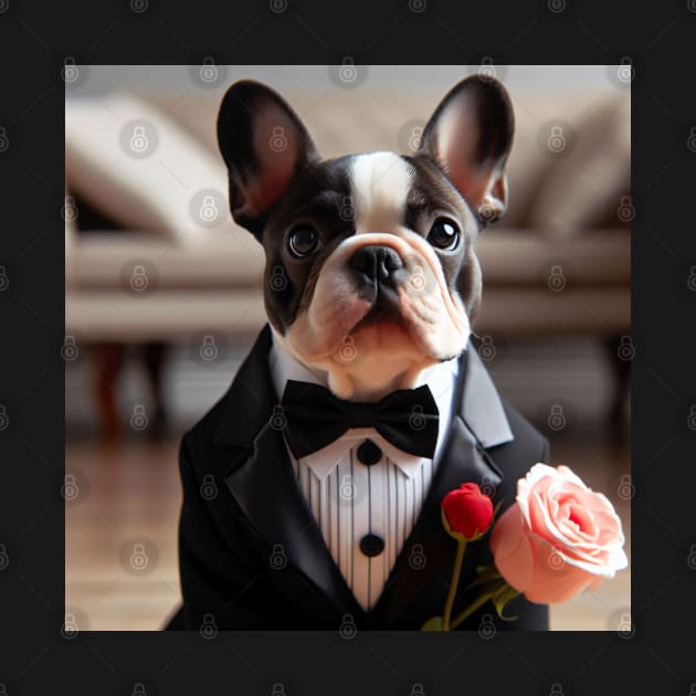 French bulldog wearing tuxedo and bow tie with pink rose by nicecorgi