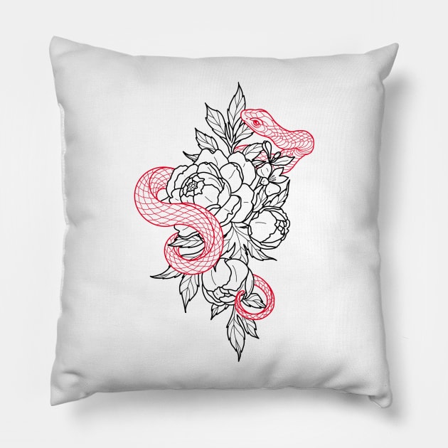 Snake and Flowers Pillow by drawingsbydarcy