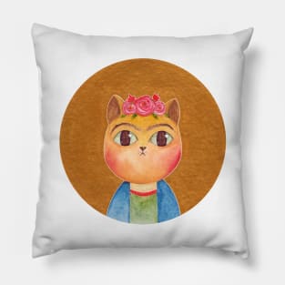 Mystical Frida Kahlo Cat Lover - Vintage Watercolor painting by shoosh, gift idea, tee Pillow