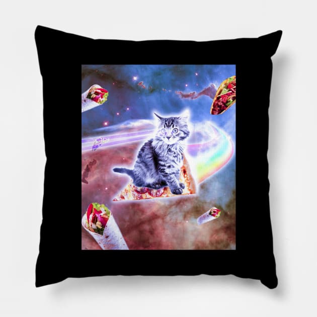 Laser Eyes Space Cat Riding Rainbow Pizza Pillow by Random Galaxy